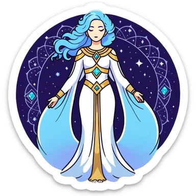 fullbody universe goddess Sophia, Ethereal Light Being, Made of starlight and fractals, Glowing white/gold skin with flowing translucent robes, Hair blue like galaxy mist, Jewelry made of stars and crystals sticker