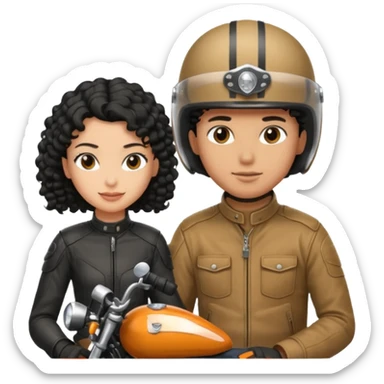 A man motorcyclist and a shorter girl with curly black hair, facing each other. sticker