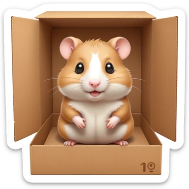 A very cute young  hamster  with one's head tilted to one side poked its paws out of the cardboard big box and placed them on top of it sticker