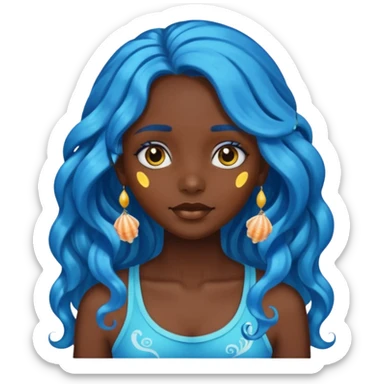head of a dark skinned girl with shiny wavy long blue hair decorated with sea shells, emoji style sticker