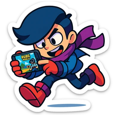 Edgar character from Brawl Stars playing PUBG Mobile on a phone, energetic pose, vibrant colors, cartoon style sticker