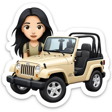 A girl with long black hair driving a white Jeep Wrangler Wrangler sticker