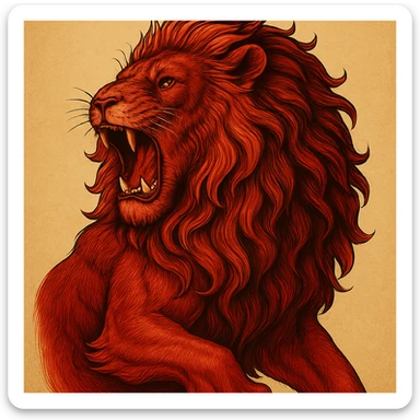 Transform the lion into a colorful red lion, keeping the roaring pose and half of the body visible, in a detailed illustrative style. sticker