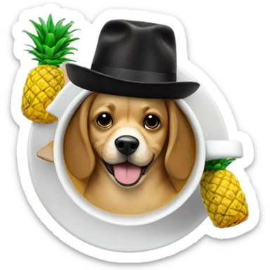 Dog inside a coffee cup wearing a hat with pineapples on it  sticker
