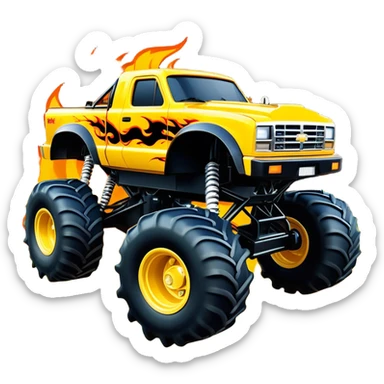 Maximum Destruction - Monster Jam (Model Year: 2021) (Iconic colour: Yellow with black flames) - A ferocious monster truck featuring a vivid yellow base accented by dramatic black flame patterns. Emphasize sharp, high-contrast flame streaks across the body, creating a look of aggressive, explosive energy. sticker
