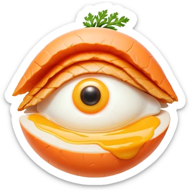 Carrot, chicken, and egg yolk surrounding a simple eye symbol and a small patch of glowing healthy skin. Gentle rays connect the foods to the eye and skin, showing vitamin A's role in vision and skin health. sticker
