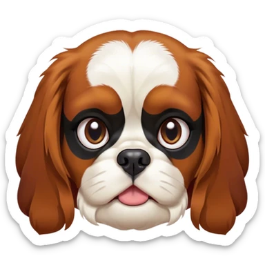 Cinematic Grumpy Tri-Colour Cavalier King Charles Spaniel Portrait Emoji, Head tilted slightly with a deeply unimpressed expression, thick tri-colour fur with pronounced black, white, and tan markings, large, droopy brown eyes narrowed into an unamused glare, ears slightly drooping in exasperation, Simplified yet comically expressive features, highly detailed, glowing with a dry, sarcastic glow, high shine, effortlessly judgmental yet dignified, stylized with a touch of cynicism, bright but brooding, soft glowing outline, capturing the essence of an eternally unimpressed yet endearing companion, so lifelike it feels like it could sigh heavily at you in disdain at any moment! sticker