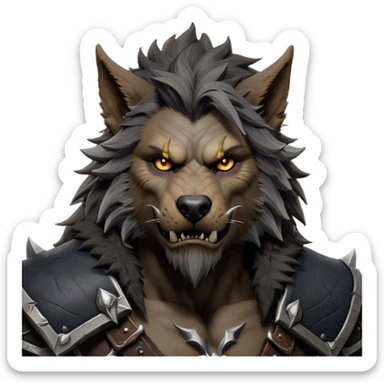 Cinematic Realistic WoW Worgen Portrait, depicted as a fearsome blend of man and beast, with rugged, dark fur intermingling with tanned, weathered skin. His piercing amber eyes and fierce expression are framed by disheveled hair and subtly detailed, worn leather attire in dark, consistent hues. Rendered with lifelike texture and dramatic, natural lighting, high shine, noble and formidable, capturing the primal nobility of a legendary worgen warrior. sticker