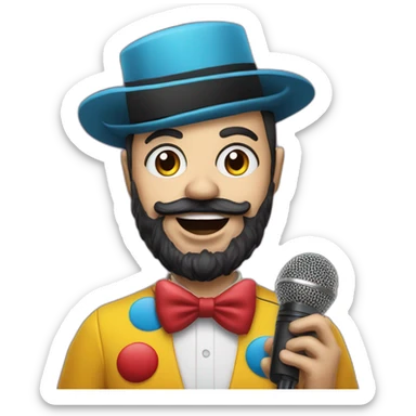 radio presenter with black beard and with a microphone on his hand dressed as a silly clown sticker