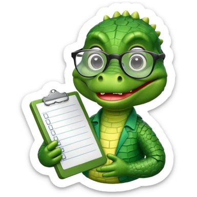 A cartoon alligator with a clipboard and glasses sticker