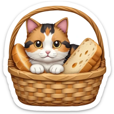 Cat hiding in basket of bread sticker