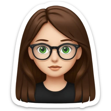 Girl with long brown hair, green eyes, glasses and a black top on sticker