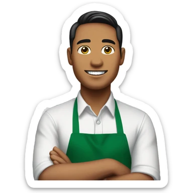 malay male starbucks barista with white t shirt and green apron, and starbucks logo in the middle of apron sticker