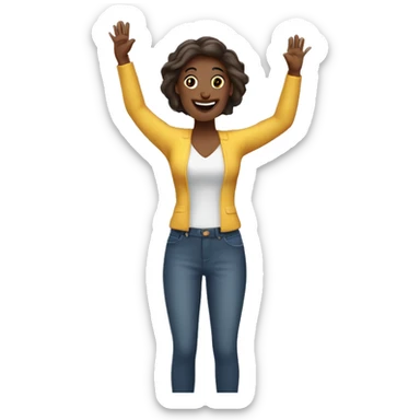 Woman with both hands in the air. Happy, frontal view. Enjoying  sticker