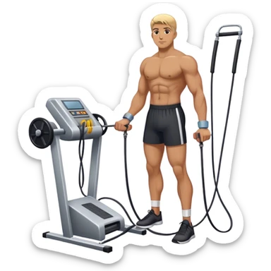 athlete standing next to cable-machine with cable tied to ankle cuffs (for leg exercise) sticker