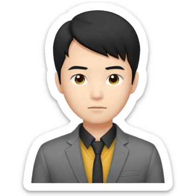 asian young man with black hair covering forehead in grey blazer and black t-shirt  sticker
