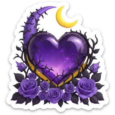gothic heart made of purple glass with a crescent moon above the heart, black roses on each side, shimmering stardust, arcing lightning, pouring rain, jagged cracked glass texture sticker