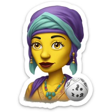 YELLOW COLORED SKIN female fortune teller in simpsons style front view holding a ball face must b toony and cartoonish  sticker