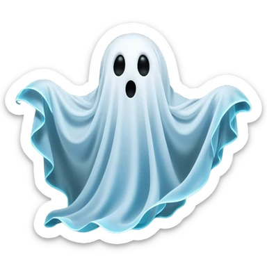 A hilariously exaggerated floating sheet ghost, its simple yet expressive form billowing with animated energy in vibrant whites and pale blues, with two wide, comically shocked eyes and a quirky, startled mouth, simplified yet overflowing with personality, highly detailed with a soft neon-like glowing outline, capturing the playful absurdity of a ghost caught off guard! sticker