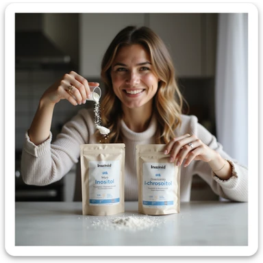 realistic photograph of a smiling woman in a domestic environment, customizing the use of Myo-Inositol and D-chiro-Inositol: two distinct packages with visible labels, dosing or mixing powders in a glass, positive atmosphere, natural light sticker