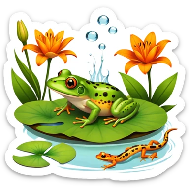 Icon for Amphibians: A colorful collage featuring a frog sitting on a lily pad, a salamander crawling on the ground and a newt swimming in water. The background features lily flowers and a calm pond setting. Transparent background. sticker