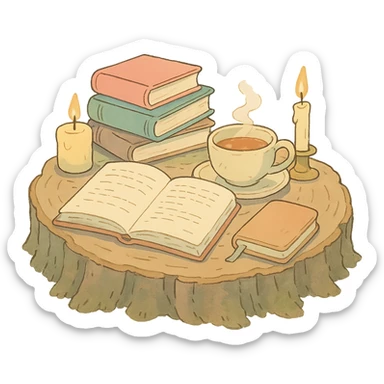 a log with tea, books, and candles, soft forest journaling mood, soft pastel colors, ghibli style sticker