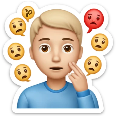 Telegram-style 3D emoji of a confused person, hand on chin, looking up, raised eyebrow, small question marks around head, soft gradient shading, clean rounded design, transparent background. sticker