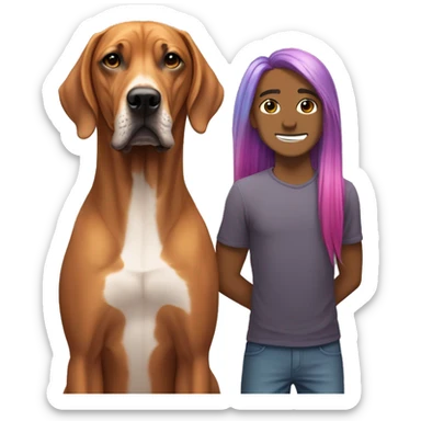 white male with long rainbow colored hair standing alongside a brown rhodesian ridgeback sticker
