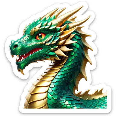 Cinematic Noble Dragon Portrait Emoji, Poised and majestic, with a sinuous, elongated body covered in intricately detailed, shimmering scales in hues of emerald and gold, and piercing, fiery eyes that reflect ancient wisdom; rendered with lifelike texture and natural highlights, high shine, intelligent and formidable, styled with an aura of mythic power, focused and attentive, soft glowing outline, capturing the essence of a legendary dragon that appears ready to soar out of the screen with timeless authority! sticker