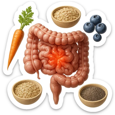 intestino umano anatomico infiammato al centro con carota, bowl di avena, mirtilli, bowl di semi di chia che gli fluttuano intorno , iperrealistico 4k sticker
