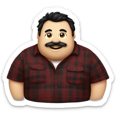 Fat man wearing a darkred and black plaid flannel shirt profile picture, happy, black hair sticker