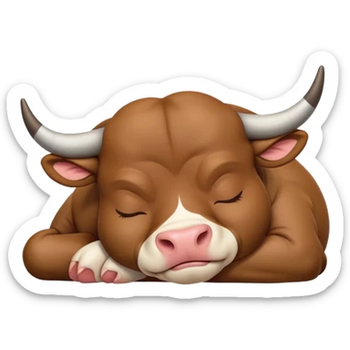 meme-worthy-cute-sleeping-domestic-bull-portrait-emoji,-head-resting-peacefully-with-a-contented-smile,-showcasing-a-robust,-muscular-build-and-a-luxuriously-soft-coat,-eyes-gently-closed-in-serene,-restful-slumber,-simplified,-solid-brown sticker
