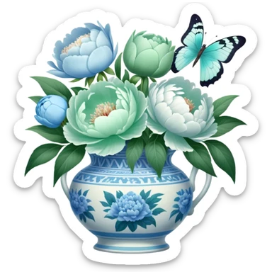 A soft green butterfly fluttering near a bouquet of pale blue and white peonies in an antique vase. sticker