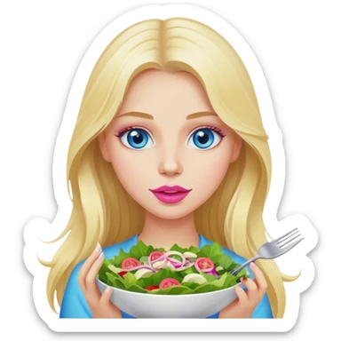 Cinematic realistic blonde with long hair, blue eyes and pink lips eats salad sticker