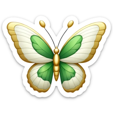 Create a golden-white-green colored butterfly with spreading wings where the wings have a reversed each-other facing R-letter shape sticker