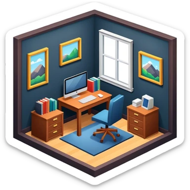 An isometric 3D room with two walls that meet at the back left and right and a Window. Dark Colors. Home Office sticker