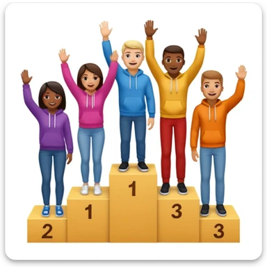 winners’ podium with multi-racial people, brown podium with middle step higher, no numbers, fun colorful clothes like jeans, t-shirts, and hoodies, one person high fiving, excited fun expressive emoji style sticker