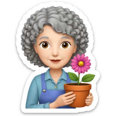 Older female florist – curly hair, hold flower pot sticker