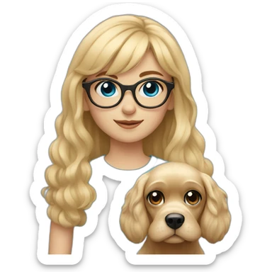 young blonde girl with blue eyes with bangs and glasses with her beige cocker spaniel sticker
