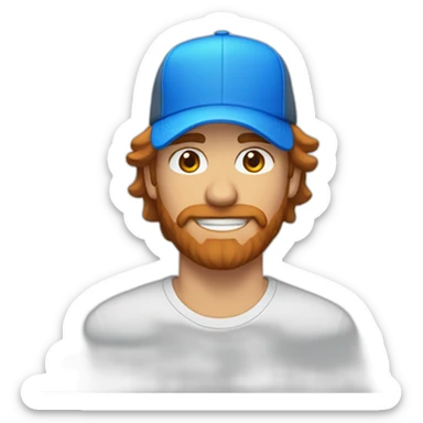 Brown hair man with mullet and orange beard wearing a blue trucker hat sticker