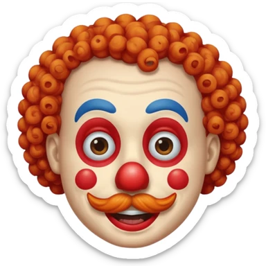 Classic clown — curly mustache, red nose sticker