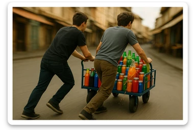 endi shu aravani bir balonchasi singan ko'rinishda va aka uka uning yonida turganini tasvirla yuzlari ko'rinmasin sticker