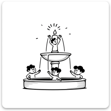 A black and white hand-drawn illustration of a fountain with statues sticker