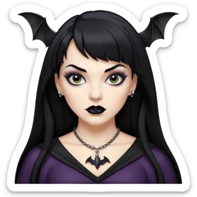 vampira mulher branca com cabelo preto longo com franja quadrada, sobrancelha grossa e lábios com batom preto com colar preto e pingente de morcego preto sticker