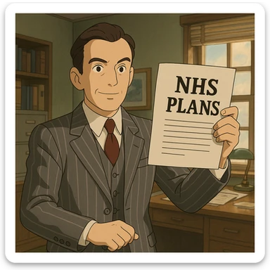 A 1930s man wearing a grey pinstripe suite holding up an official document with the words 'NHS Plans' with an office background sticker