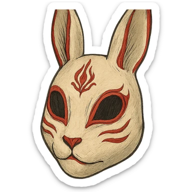 ghibli style evil white rabbit mask with red accents, intricate details sticker