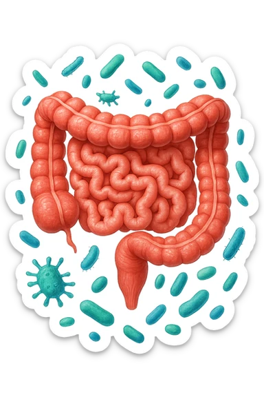 intestino umano anatomico con qualche batterio intestinale che gli fluttua intorno, ISOLATO SU SFONDO BIANCO sticker