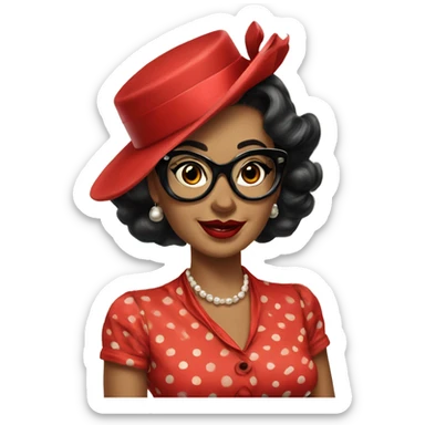 Vintage woman who wears classic pinup red dresses  with black polka dots and big cat eye glasses  sticker