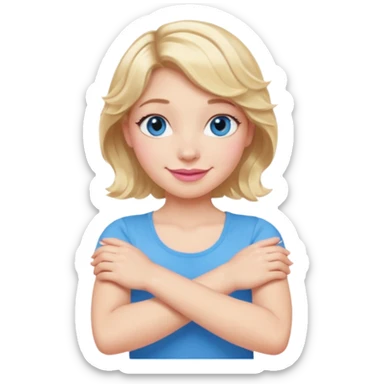 Girl Blonde short wavy hair,  blue eyes, cute blue top, long lashes, pink lips, smiling, making cross arms with arms  sticker