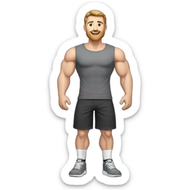 Full height Pale skinned muscular man With Realistic eyes and mouth, light brown hair and stubble In dark gray sleeveless mike, black oversize sports shorts, watch and white sneakers. sticker